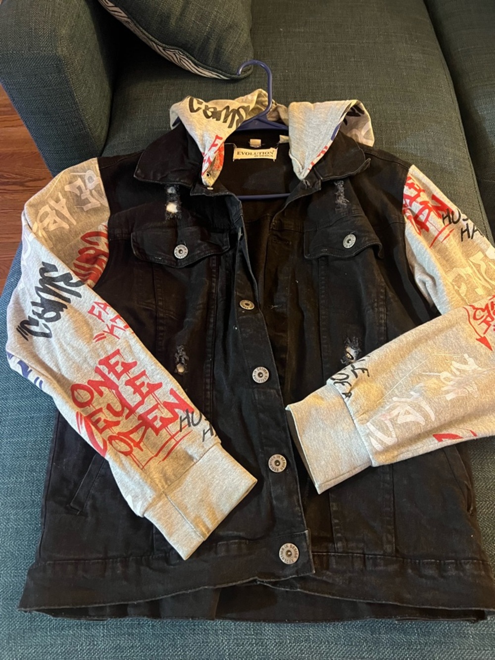 Black Denim Jacket with Graffiti Hoodie Sleeves